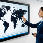 A focused professional individual in modest business attire, standing in a modern, high-tech office. They are observing a large, interactive digital display showing an intricate network of connected data points, representing a website sitemap. The setting is clean and well-lit, conveying precision and strategic guidance. This visual metaphor highlights the sitemap as a crucial tool for digital success in the Spanish market. Fully clothed, appropriate attire, safe for work, perfect anatomy, correct proportions, natural pose, well-formed hands, proper finger count, professional photography, high quality, professional.