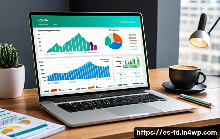 SEO의 효과를 극대화하기 위한 실무 전략 - A modern digital marketing workspace showing a laptop screen with a colorful, well-structured websit...