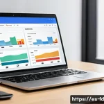 Home 21 고급 키워드 분석을 통한 시장 조사 방법 - A modern digital marketing workspace featuring a sleek laptop displaying keyword analysis tools like...