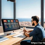 Home 20 검색 엔진 알고리즘 변화에 대응하기 - A modern digital marketing professional in a bright, stylish office in Spain, analyzing SEO metrics ...