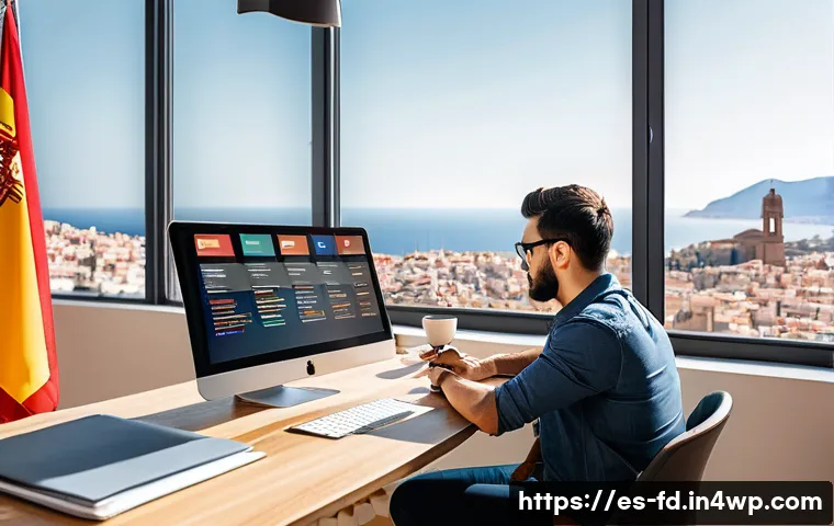 검색 엔진 알고리즘 변화에 대응하기 - A modern digital marketing professional in a bright, stylish office in Spain, analyzing SEO metrics ...