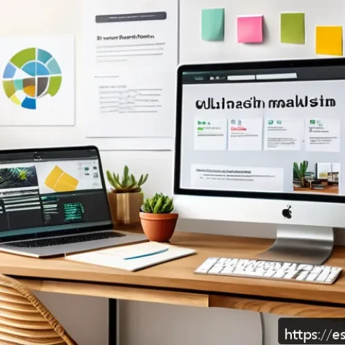 Home 31 구조화 데이터 활용과 SEO 전략 - A modern digital marketing workspace set in a bright, cozy home office with Spanish cultural element...