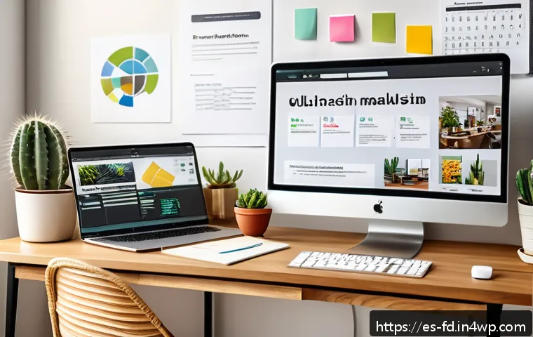 구조화 데이터 활용과 SEO 전략 - A modern digital marketing workspace set in a bright, cozy home office with Spanish cultural element...